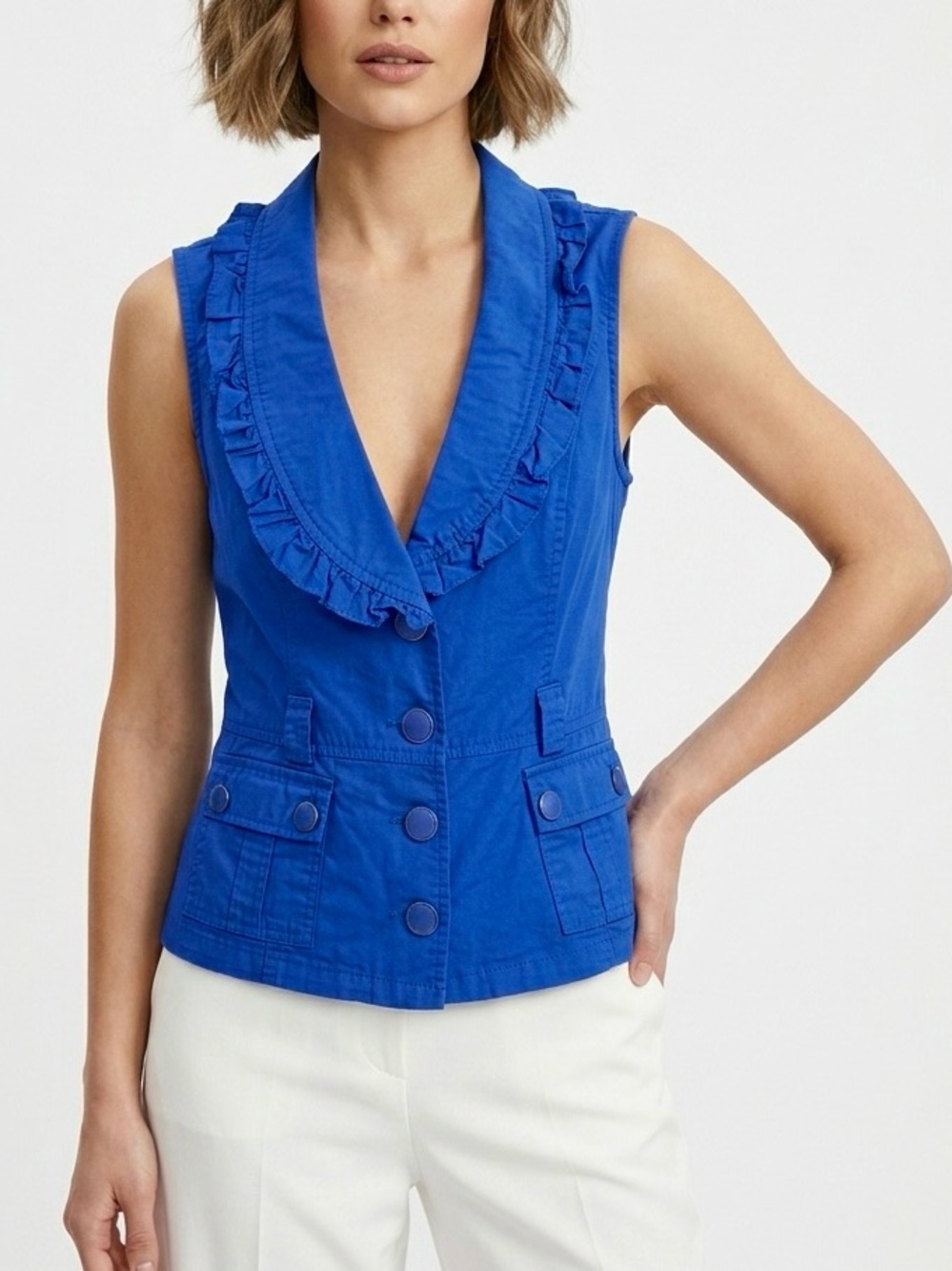 Juniors Long v-neck Sleeveless Blue Top Vest ruffled Button Down size XS/S
